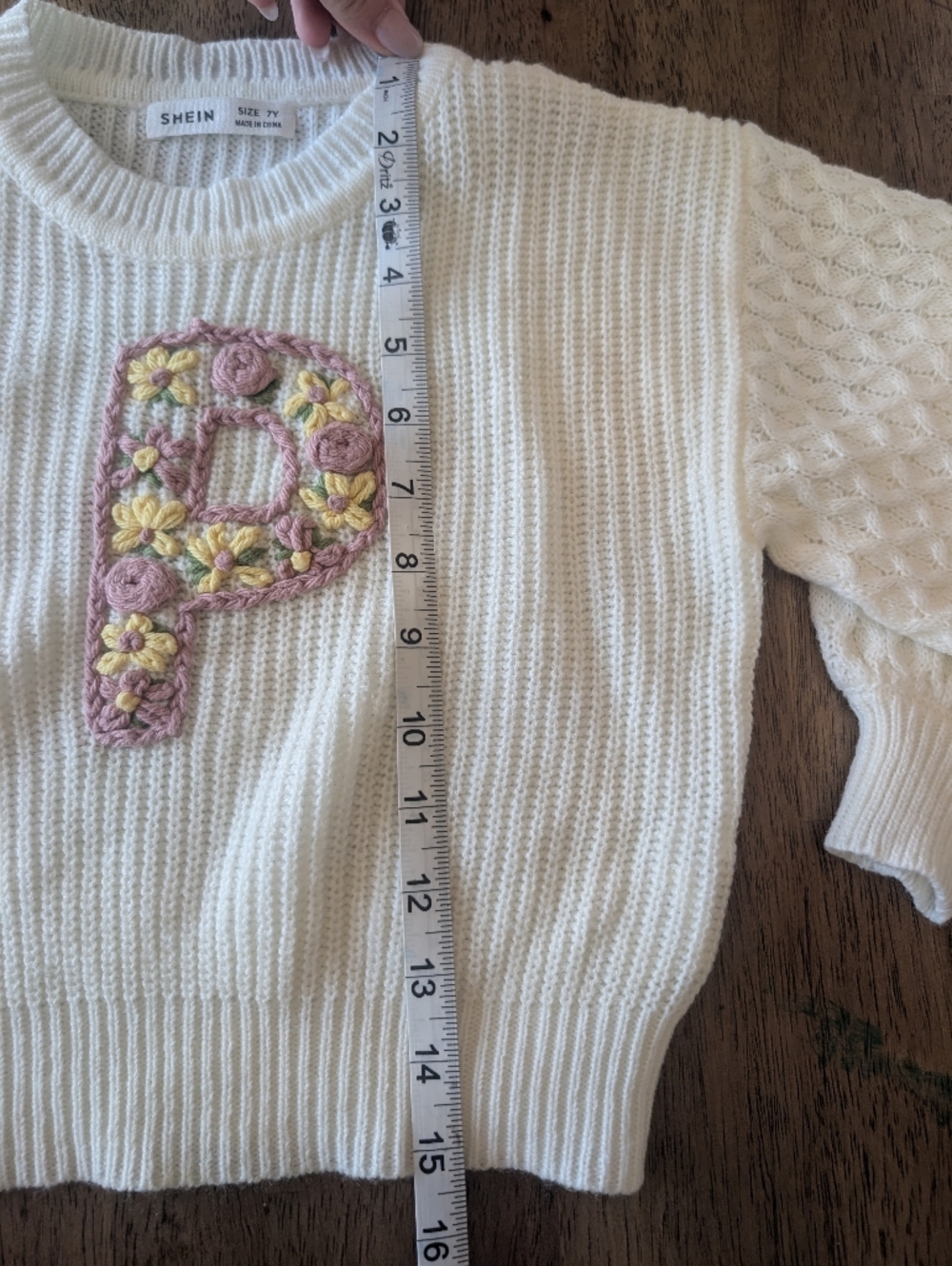 Cream Knit Sweater with Pink and Yellow Floral Patch Letter "P" - Picture 7 of 8